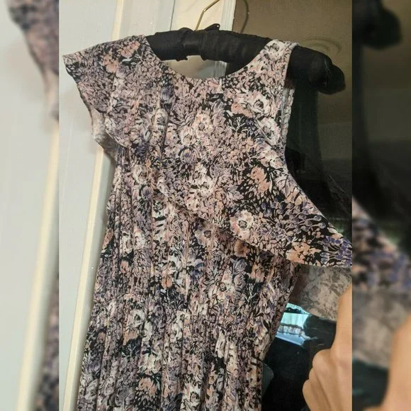 Kimchi Cute Black Pink Floral Dress Straps Sleeveless Asymmetrical Ruffles Sz Sm - Picture 3 of 5